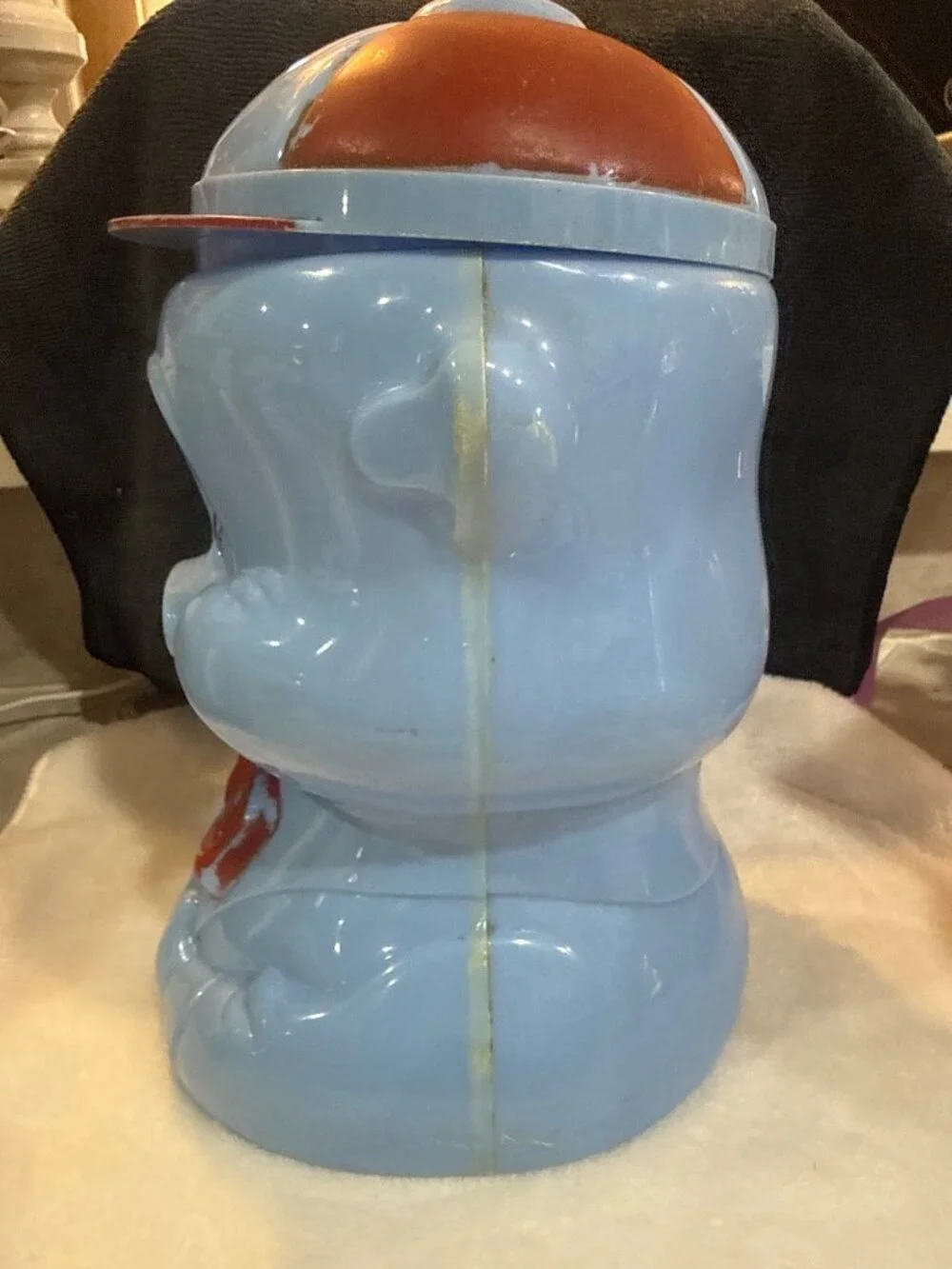 Vintage Blue & Red Celluloid porky pig cookie jar Bow Tie